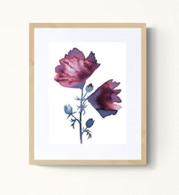 Load image into Gallery viewer, 9" x 12" original watercolor botanical flower painting in an expressive, loose, watery, minimalist, modern style by contemporary fine artist Elizabeth Becker. Prints available. Monochromated burgundy purple, maroon red, gray and white colors. Framed.