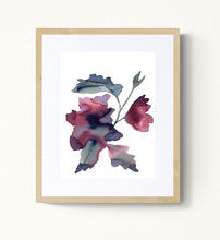 Load image into Gallery viewer, 9" x 12" original watercolor botanical flower painting in an expressive, loose, watery, minimalist, modern style by contemporary fine artist Elizabeth Becker. Prints available. Monochromatic burgundy purple, maroon red, gray, black and white colors. Framed.