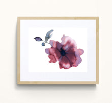 Load image into Gallery viewer, 9" x 12" original watercolor botanical flower painting in an expressive, loose, watery, minimalist, modern style by contemporary fine artist Elizabeth Becker. Prints available. Monochromatic burgundy purple, maroon red, gray, black and white colors. Framed.