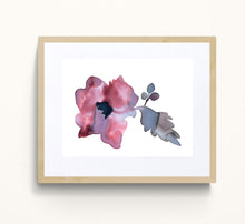 Load image into Gallery viewer, 9" x 12" original watercolor botanical flower painting in an expressive, loose, watery, minimalist, modern style by contemporary fine artist Elizabeth Becker. Prints available. Monochromatic burgundy purple, maroon red, gray, black and white colors. Framed.