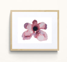 Load image into Gallery viewer, 9" x 12" original watercolor botanical flower painting in an expressive, loose, watery, minimalist, modern style by contemporary fine artist Elizabeth Becker. Prints available. Monochromatic muted dark pink, mauve purple, black and white colors. Framed.