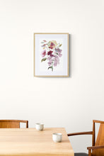 Load image into Gallery viewer, 11" x 15" original watercolor botanical floral bouquet painting in an expressive, loose, watery, minimalist, modern style by contemporary fine artist Elizabeth Becker. Prints available. Muted soft mauve, lavender purple, pale yellow, dark maroon red, olive green and white colors. Framed.