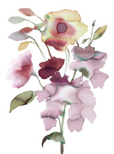 Load image into Gallery viewer, 11" x 15" original watercolor botanical floral bouquet painting in an expressive, loose, watery, minimalist, modern style by contemporary fine artist Elizabeth Becker. Prints available. Muted soft mauve, lavender purple, pale yellow, dark maroon red, olive green and white colors.
