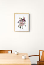 Load image into Gallery viewer, 11" x 15" original watercolor botanical floral bouquet painting in an expressive, loose, watery, minimalist, modern style by contemporary fine artist Elizabeth Becker. Prints available. Muted soft mauve, peach, pink, burgundy, dark green and white colors. Framed.