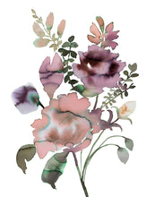 Load image into Gallery viewer, 11" x 15" original watercolor botanical floral bouquet painting in an expressive, loose, watery, minimalist, modern style by contemporary fine artist Elizabeth Becker. Prints available. Muted soft mauve, peach, pink, burgundy, dark green and white colors.