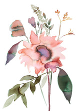 Load image into Gallery viewer, 11" x 15" original watercolor botanical floral bouquet painting in an expressive, loose, watery, minimalist, modern style by contemporary fine artist Elizabeth Becker. Prints available. Muted soft peach fuzz, pink, purple, dark green and white colors.