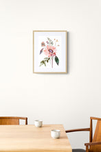 Load image into Gallery viewer, 11" x 15" original watercolor botanical floral bouquet painting in an expressive, loose, watery, minimalist, modern style by contemporary fine artist Elizabeth Becker. Prints available. Muted soft peach fuzz, pink, purple, dark green and white colors. Framed.