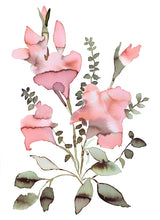Load image into Gallery viewer, 11&quot; x 15&quot; original watercolor botanical floral bouquet painting in an expressive, loose, watery, minimalist, modern style by contemporary fine artist Elizabeth Becker. Prints available. Soft pink, dark green and white colors.
