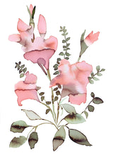 Load image into Gallery viewer, 11" x 15" original watercolor botanical floral bouquet painting in an expressive, loose, watery, minimalist, modern style by contemporary fine artist Elizabeth Becker. Prints available. Soft pink, dark green and white colors.