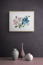 Load image into Gallery viewer, 11" x 15" original watercolor botanical floral bouquet painting in an expressive, loose, watery, minimalist, modern style by contemporary fine artist Elizabeth Becker. Prints available. Dark blue, soft pink, muted purple, dark green and white colors. Framed.