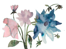 Load image into Gallery viewer, 11" x 15" original watercolor botanical floral bouquet painting in an expressive, loose, watery, minimalist, modern style by contemporary fine artist Elizabeth Becker. Prints available. Dark blue, soft pink, muted purple, dark green and white colors.