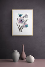 Load image into Gallery viewer, 11" x 15" original watercolor botanical tulips floral bouquet painting in an expressive, loose, watery, minimalist, modern style by contemporary fine artist Elizabeth Becker. Prints available. Monochromatic muted soft purple, dark blue, gray, black and white colors. Framed.