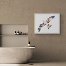 Load image into Gallery viewer, 22.5” x 30” original watercolor painting of flying red-tailed hawk in an ethereal, expressive, impressionist, minimalist, modern style by contemporary fine artist Elizabeth Becker. Large-scale soaring bird in flight. Watery monochromatic soft brown, black and white colors.