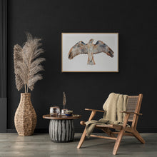 Load image into Gallery viewer, 26” x 40” original watercolor painting of flying red-tailed hawk. Bird of prey. Large-scale wildlife nature animal illustration in an expressive, minimalist, modern style by contemporary fine artist Elizabeth Becker. Monochromatic neutral brown, burnt sienna, black and white colors.