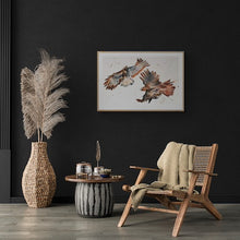 Load image into Gallery viewer, 26” x 40” original watercolor painting of birds of prey. Pair of two flying red-tailed hawks. Large-scale wildlife nature animal illustration in an expressive, minimalist, modern style by contemporary fine artist Elizabeth Becker. Monochromatic neutral brown, burnt sienna, black and white colors.