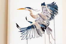 Load image into Gallery viewer, 11” x 14" original hand embroidery on canvas. Expressive flying great blue heron fiber art, in an intricate, meticulous, loose, sketch-like, minimalist, modern style with loose hanging threads by contemporary fine artist Elizabeth Becker. Monochromatic dark blue, gray and white colors.