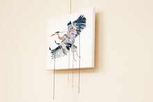 Load image into Gallery viewer, 11” x 14" original hand embroidery on canvas. Expressive flying great blue heron fiber art, in an intricate, meticulous, loose, sketch-like, minimalist, modern style with loose hanging threads by contemporary fine artist Elizabeth Becker. Monochromatic dark blue, gray and white colors.