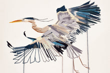 Load image into Gallery viewer, 11” x 14" original hand embroidery on canvas. Expressive flying great blue heron fiber art, in an intricate, meticulous, loose, sketch-like, minimalist, modern style with loose hanging threads by contemporary fine artist Elizabeth Becker. Monochromatic dark blue, gray and white colors.
