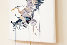 Load image into Gallery viewer, 11” x 14" original hand embroidery on canvas. Expressive flying great blue heron fiber art, in an intricate, meticulous, loose, sketch-like, minimalist, modern style with loose hanging threads by contemporary fine artist Elizabeth Becker. Monochromatic dark blue, gray and white colors.
