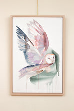 Load image into Gallery viewer, 24” x 36" original watercolor painting on canvas in 26" x 38" natural maple solid wood floater frame. Large-scale expressive flying barn owl bird. Expressive, impressionist, loose, watery, flowing, ethereal, minimalist, modern style by contemporary fine artist Elizabeth Becker. Woodland animal with loose abstract painterly drips. Soft peach, pink, dark green and white colors.