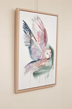 Load image into Gallery viewer, 24” x 36" original watercolor painting on canvas in 26" x 38" natural maple solid wood floater frame. Large-scale expressive flying barn owl bird. Expressive, impressionist, loose, watery, flowing, ethereal, minimalist, modern style by contemporary fine artist Elizabeth Becker. Woodland animal with loose abstract painterly drips. Soft peach, pink, dark green and white colors.