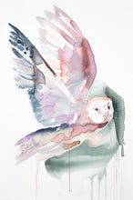 Load image into Gallery viewer, 24” x 36" original watercolor painting on canvas in 26" x 38" natural maple solid wood floater frame. Large-scale expressive flying barn owl bird. Expressive, impressionist, loose, watery, flowing, ethereal, minimalist, modern style by contemporary fine artist Elizabeth Becker. Woodland animal with loose abstract painterly drips. Soft peach, pink, dark green and white colors.