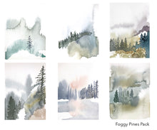 Load image into Gallery viewer, Greeting card pack featuring print of watercolor painting by contemporary artist Elizabeth Becker. Set of 6 Cards. Blank inside for any occasion. Abstract landscapes. Foggy pines mountain forest scenes. Loose, expressive, impressionist, ethereal, minimalist, modern fine art. Dark forest green, soft gray and white colors.