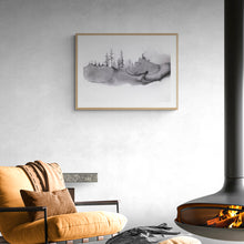 Load image into Gallery viewer, 22” x 30” original black and white ink painting of abstract trees foggy landscape, in an expressive, impressionist, minimalist, modern style by contemporary fine artist Elizabeth Becker.