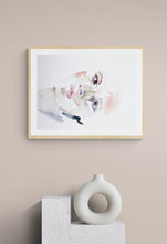Load image into Gallery viewer, 8" x 10" original watercolor abstract portrait painting in an expressive, impressionist, minimalist, modern style by contemporary fine artist Elizabeth Becker. Soft pink, peach, green, gray, black and white colors.