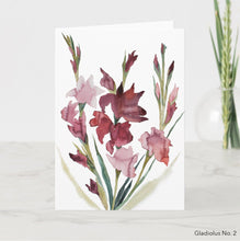 Load image into Gallery viewer, Greeting card featuring print of watercolor painting by contemporary artist Elizabeth Becker. Blank inside for any occasion. Botanical, floral, gladiolus flowers. Dark red, soft pink, olive green and white colors.  Loose, expressive, minimalist, modern watercolor art.
