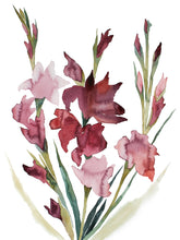 Load image into Gallery viewer, 16" x 20" original watercolor botanical gladiolus floral bouquet painting in an expressive, abstract, minimalist, modern, loose, watery style by contemporary fine artist Elizabeth Becker. Tranquil, serene, calming, peaceful wall art. Soft muted maroon red, pink and olive green colors with white background.
