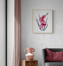 Load image into Gallery viewer, 16" x 20" original watercolor botanical gladiolus flowers painting in an expressive, loose, watery, abstract, minimalist, modern style by contemporary fine artist Elizabeth Becker. Prints available. Monochromatic red, pink, peach, black, gray and white colors. Framed.