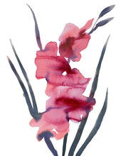 Load image into Gallery viewer, 16" x 20" original watercolor botanical gladiolus flowers painting in an expressive, loose, watery, abstract, minimalist, modern style by contemporary fine artist Elizabeth Becker. Prints available. Monochromatic red, pink, peach, black, gray and white colors.