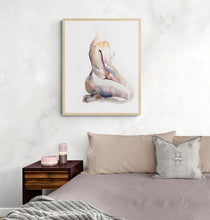 Load image into Gallery viewer, 15" x 22" original watercolor meditative kneeling nude figure painting in an expressive, impressionist, minimalist, modern style by contemporary fine artist Elizabeth Becker