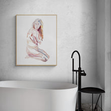 Load image into Gallery viewer, 16" x 20" original watercolor kneeling nude woman figure painting in an expressive, impressionist, minimalist, modern style by contemporary fine artist Elizabeth Becker