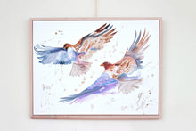 Load image into Gallery viewer, 30” x 40" original watercolor painting on canvas in 32" x 42" natural maple solid wood floater frame. Large-scale expressive pair of two flying red-tailed hawk birds. Expressive, impressionist, loose, watery, flowing, ethereal, minimalist, modern style with painterly drips and splatters by contemporary fine artist Elizabeth Becker. Dark blue, burnt sienna, lavender purple, gray and white colors.