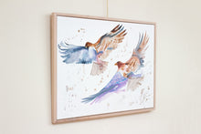 Load image into Gallery viewer, 30” x 40" original watercolor painting on canvas in 32" x 42" natural maple solid wood floater frame. Large-scale expressive pair of two flying red-tailed hawk birds. Expressive, impressionist, loose, watery, flowing, ethereal, minimalist, modern style with painterly drips and splatters by contemporary fine artist Elizabeth Becker. Dark blue, burnt sienna, lavender purple, gray and white colors.
