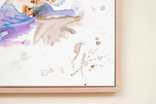 Load image into Gallery viewer, 30” x 40" original watercolor painting on canvas in 32" x 42" natural maple solid wood floater frame. Large-scale expressive pair of two flying red-tailed hawk birds. Expressive, impressionist, loose, watery, flowing, ethereal, minimalist, modern style with painterly drips and splatters by contemporary fine artist Elizabeth Becker. Dark blue, burnt sienna, lavender purple, gray and white colors.