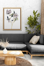 Load image into Gallery viewer, 9” x 12” original watercolor botanical hellebore floral painting in an expressive, impressionist, minimalist, modern style by contemporary fine artist Elizabeth Becker. Soft violet purple, gray olive green, gold and white colors.