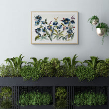 Load image into Gallery viewer, 26” x 40” original watercolor painting of botanical hellebore flowers. Large-scale floral garden study in an expressive, minimalist, modern style by contemporary fine artist Elizabeth Becker. Monochromatic dark blue, olive green and white colors.