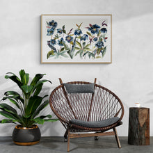 Load image into Gallery viewer, 26” x 40” original watercolor painting of botanical hellebore flowers. Large-scale floral garden study in an expressive, minimalist, modern style by contemporary fine artist Elizabeth Becker. Monochromatic dark blue, olive green and white colors.