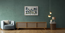 Load image into Gallery viewer, 26” x 40” original watercolor painting of botanical hellebore flowers. Large-scale floral garden study in an expressive, minimalist, modern style by contemporary fine artist Elizabeth Becker. Monochromatic dark blue, olive green and white colors.