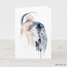 Load image into Gallery viewer, Greeting card featuring print of watercolor painting by contemporary artist Elizabeth Becker. Blank inside for any occasion. Heron bird, wildlife portrait. Expressive, impressionist, minimalist, modern. Light blue, black, soft peach, gray and white colors.  Loose, expressive, minimalist, modern watercolor art.