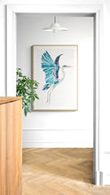Load image into Gallery viewer, 26” x 40” original watercolor painting of great blue heron / crane / egret. Large-scale flying bird, wildlife nature animal illustration in an expressive, minimalist, modern style by contemporary fine artist Elizabeth Becker. Monochromatic teal, turquoise, blue, purple and white colors.