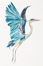 Load image into Gallery viewer, 26” x 40” original watercolor painting of great blue heron / crane / egret. Large-scale flying bird, wildlife nature animal illustration in an expressive, minimalist, modern style by contemporary fine artist Elizabeth Becker. Monochromatic teal, turquoise, blue, purple and white colors.