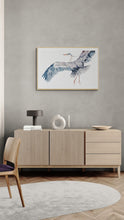 Load image into Gallery viewer, 26” x 40” original watercolor painting of great blue heron / crane / egret. Large-scale wildlife nature animal illustration in an expressive, minimalist, modern style by contemporary fine artist Elizabeth Becker. Monochromatic neutral blue, black, gray and white.
