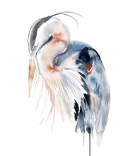 Load image into Gallery viewer, 16” x 20” original watercolor wildlife great blue heron, egret or crane painting in an expressive, impressionist, minimalist, modern style by contemporary fine artist Elizabeth Becker. Soft peach, blue, black and white colors.