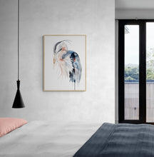 Load image into Gallery viewer, 16” x 20” original watercolor wildlife great blue heron, egret or crane painting in an expressive, impressionist, minimalist, modern style by contemporary fine artist Elizabeth Becker. Soft peach, blue, black and white colors.