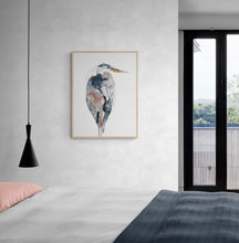 Load image into Gallery viewer, 16” x 20” original watercolor wildlife great blue heron, egret or crane painting in an expressive, impressionist, minimalist, modern style by contemporary fine artist Elizabeth Becker