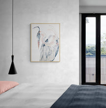 Load image into Gallery viewer, 18” x 24” original watercolor wildlife great blue heron, egret or crane painting in an expressive, impressionist, minimalist, modern style by contemporary fine artist Elizabeth Becker